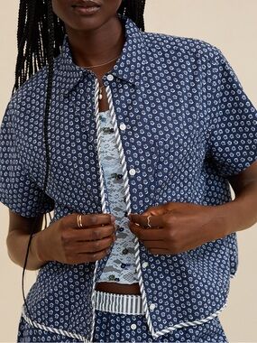 Aerie Navy Printed Short-Sleeve Button-Up Top, NWT, XL